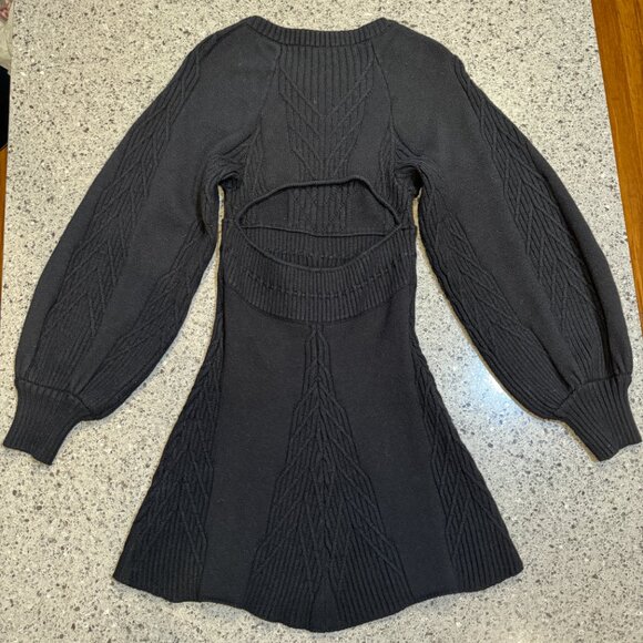 NWT Free People Emmaline Open Back Black Mini Cable Knit Sweater Dress Size S - Picture 7 of 13